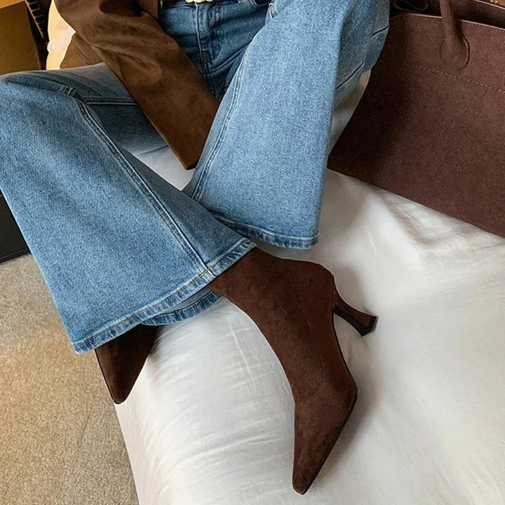 Women's Suede Kitten Heel Ankle Boots, Pointed Toe Sock Fit Zip