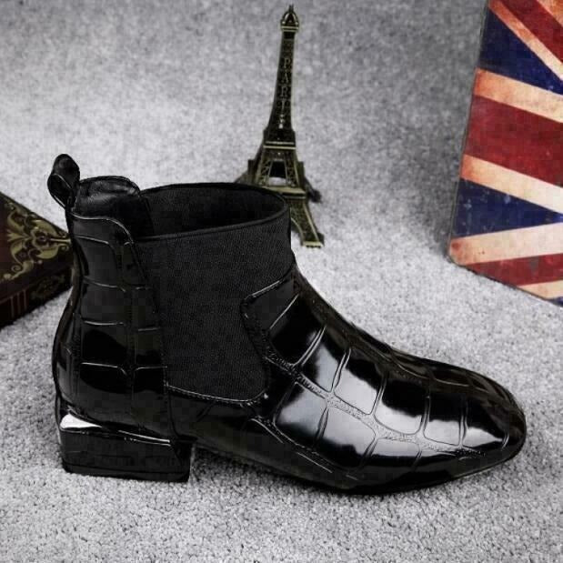 Women's Black Chelsea Boots, Croc Patent Block Heel Square Toe
