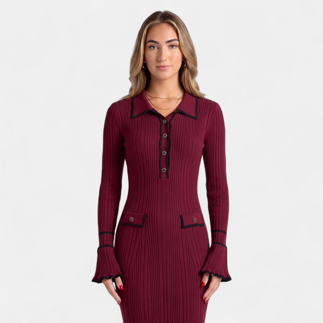 Women's Knitted Midi Jumper Dress, Long Sleeve Ribbed Polo Collar