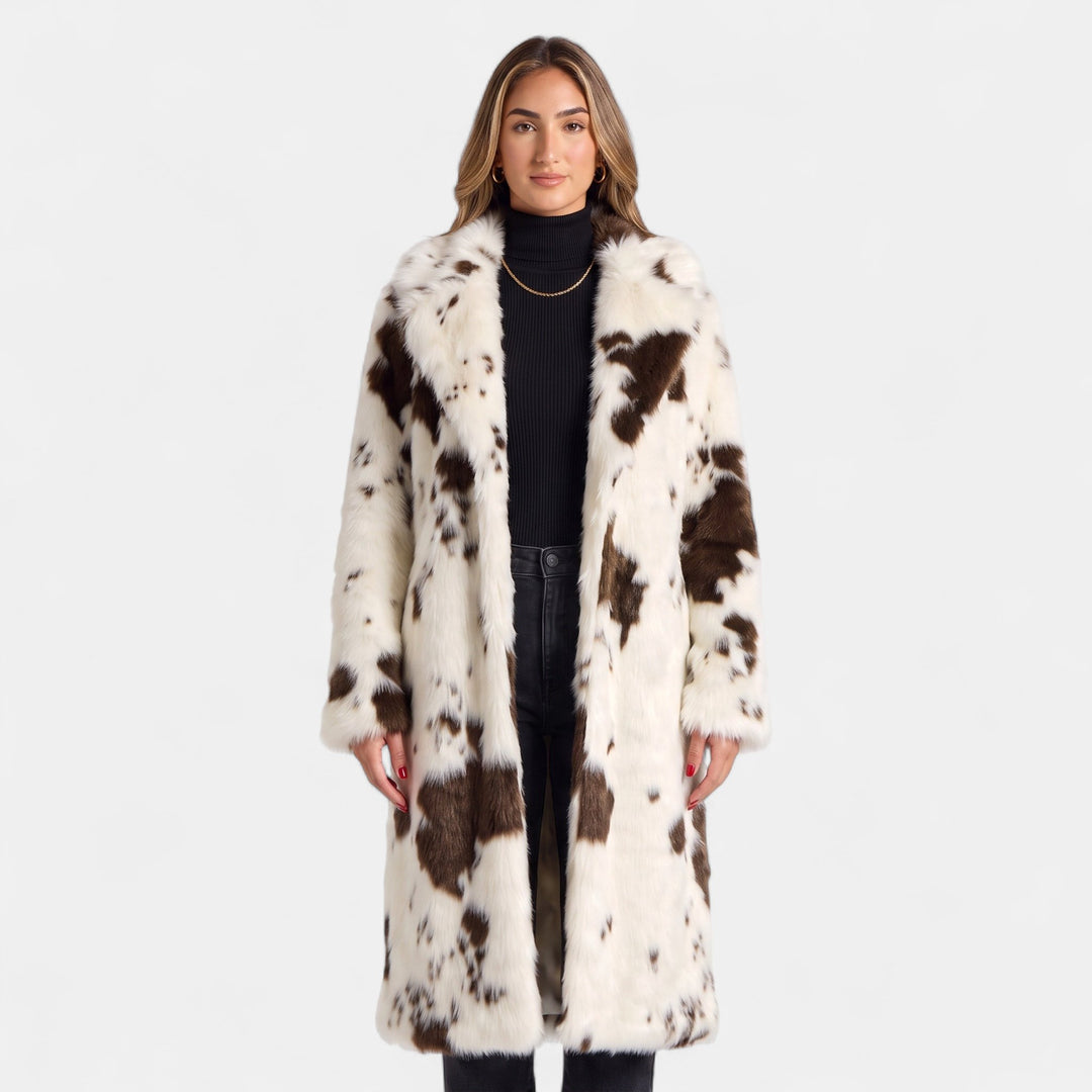 Women's Oversized Faux Fur Coat, Cow Print Open Front