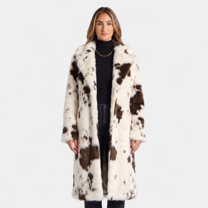 Women's Oversized Faux Fur Coat, Cow Print Open Front