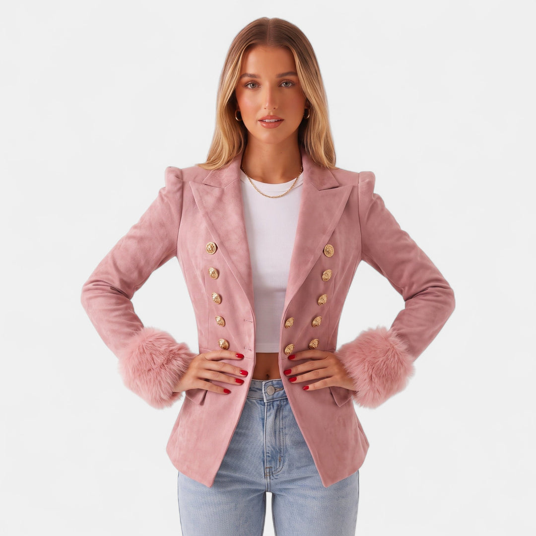 Women's Suede Double Breasted Blazer, Faux Fur Cuffs Military