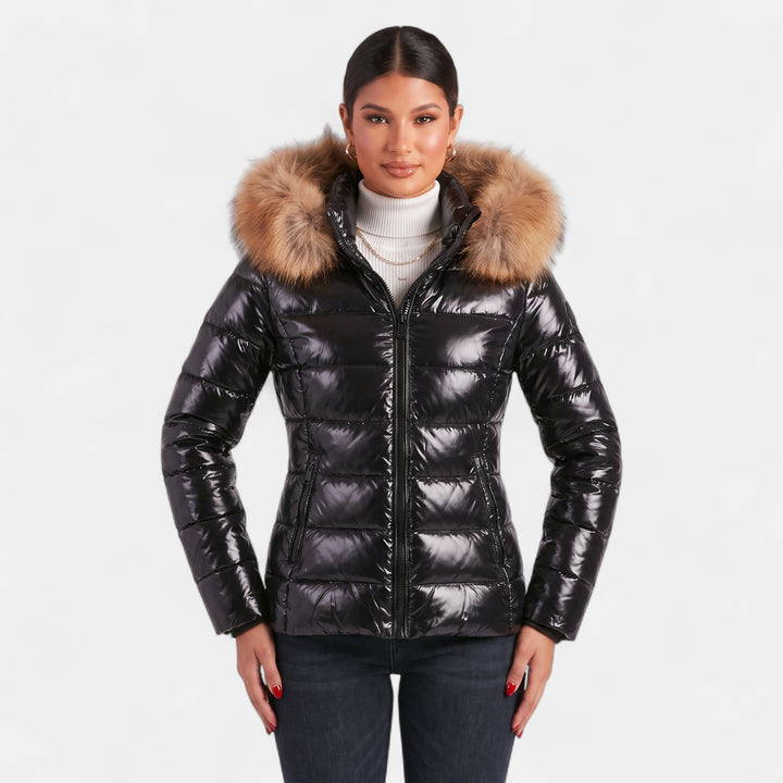 Women's Puffer Jacket, Hip Length Faux Fur Collar Structured