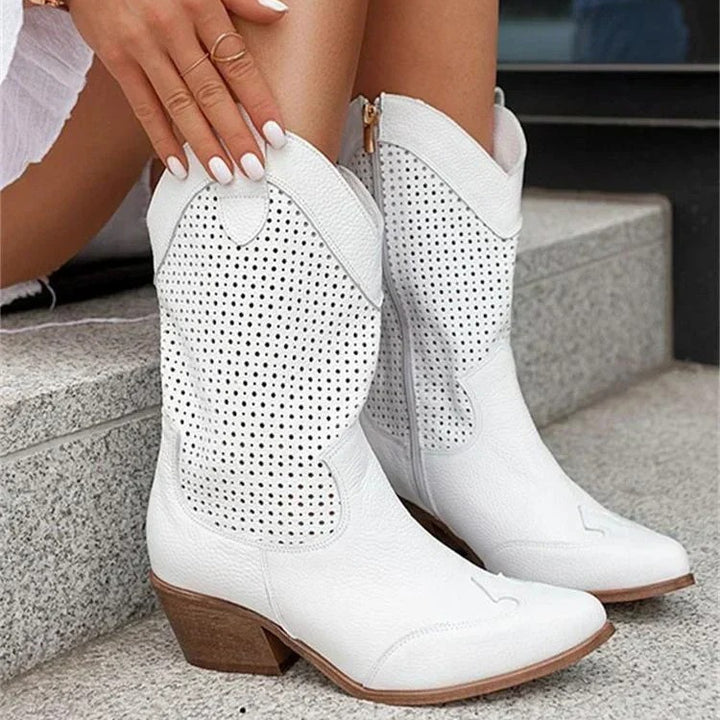 Women's Pointed Toe Cowboy Boots, Perforated Ankle Shaft Cuban Heel