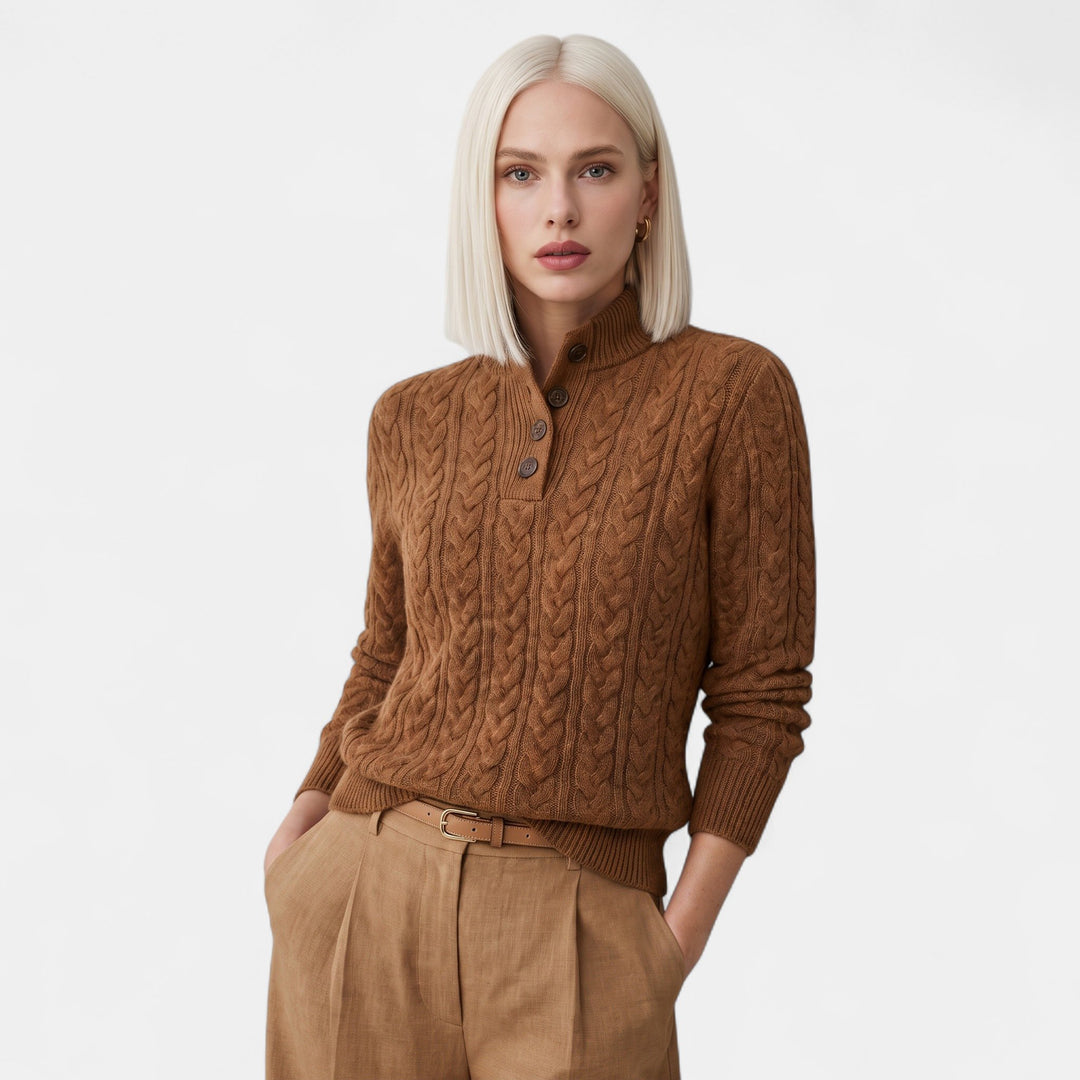 Women's Oversized Cable Knit Jumper, Button Neck Ribbed Cuffs