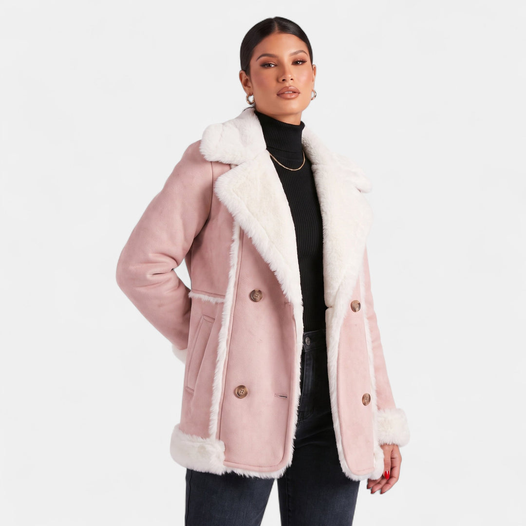Women's Double Breasted Suede Jacket, Shearling Trim Hip Length