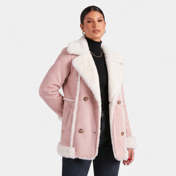 Women's Double Breasted Suede Jacket, Shearling Trim Hip Length