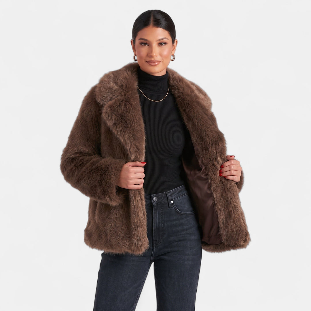Women's Short Faux Fur Coat, Notched Lapel Long Sleeves