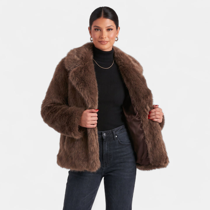 Women's Short Faux Fur Coat, Notched Lapel Long Sleeves