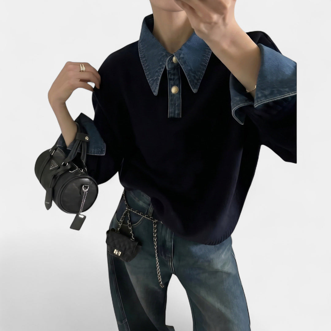 Women's Oversized Jumper, Denim Collar Button Placket Long Sleeves