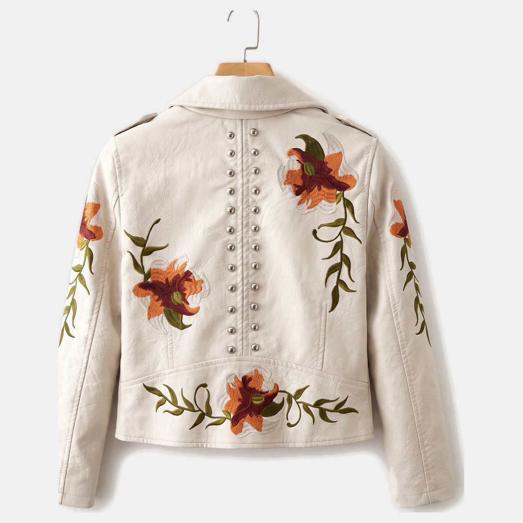 Women's Faux Leather Cropped Jacket, Floral Embroidered