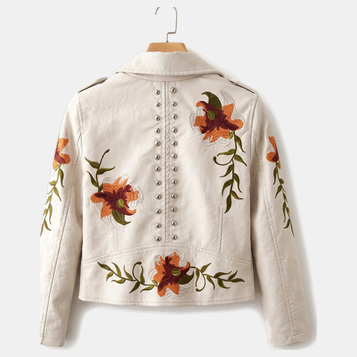 Women's Faux Leather Cropped Jacket, Floral Embroidered