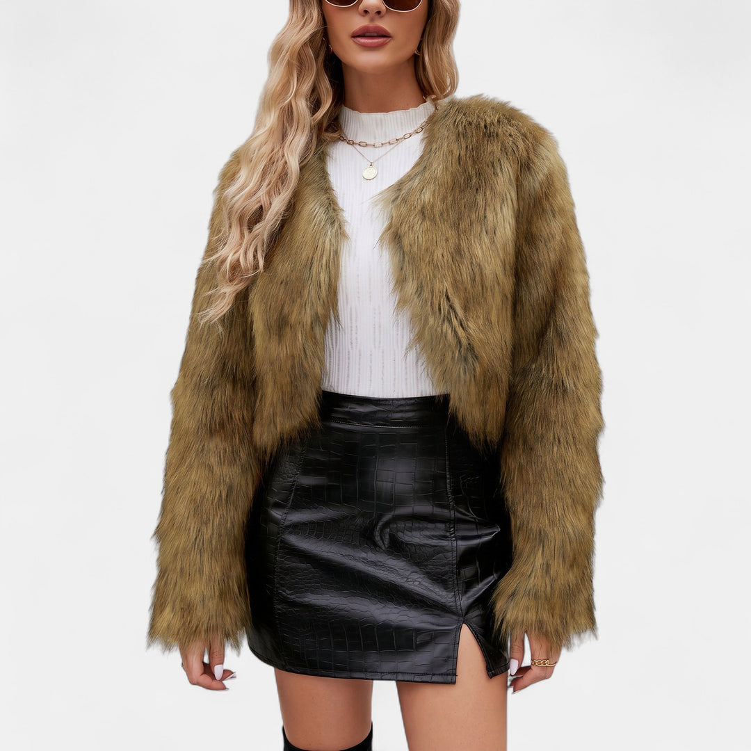 Women's Oversized Short Faux Fur Coat, Collarless Open Front