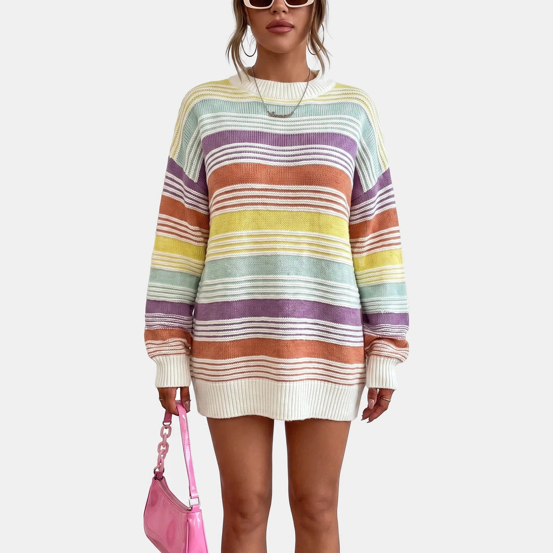 Women's Crew Neck Oversized Jumper, Chunky Knit Horizontal Stripes