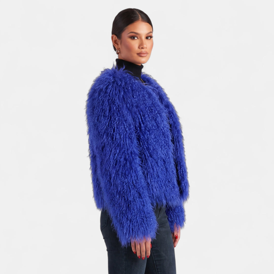 Women's Faux Fur Coat, Long Sleeve Collarless Oversized