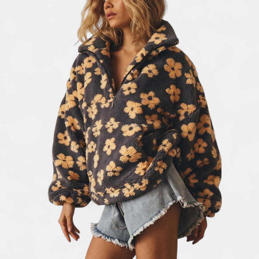 Women's Oversized Cropped Fleece Jacket, Half Zip Raw Style