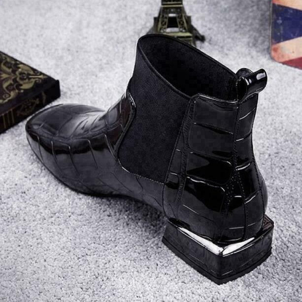 Women's Black Chelsea Boots, Croc Patent Block Heel Square Toe