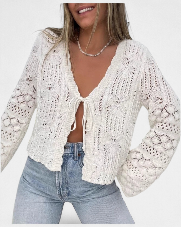Women's White Open Knit Cardigan, Long Sleeve Tie Front
