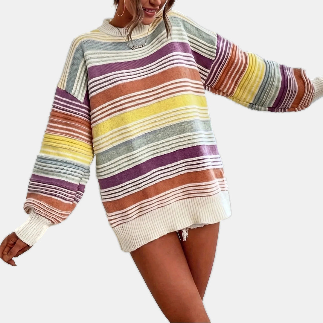 Women's Crew Neck Oversized Jumper, Chunky Knit Horizontal Stripes