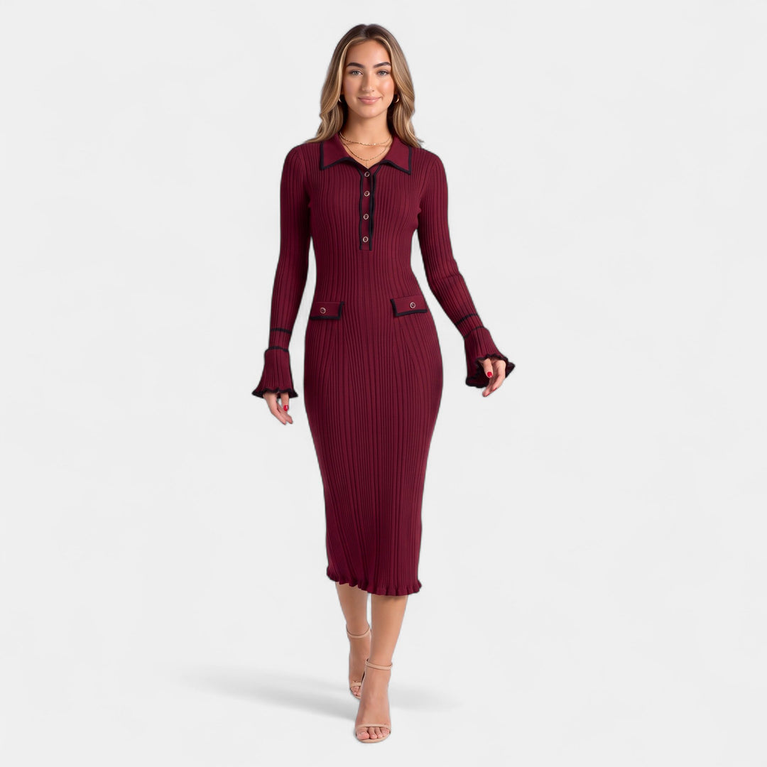 Women's Knitted Midi Jumper Dress, Long Sleeve Ribbed Polo Collar