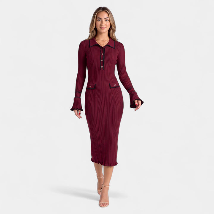 Women's Knitted Midi Jumper Dress, Long Sleeve Ribbed Polo Collar