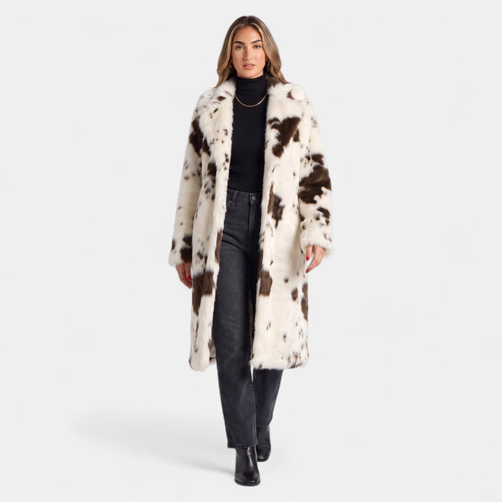 Women's Oversized Faux Fur Coat, Cow Print Open Front