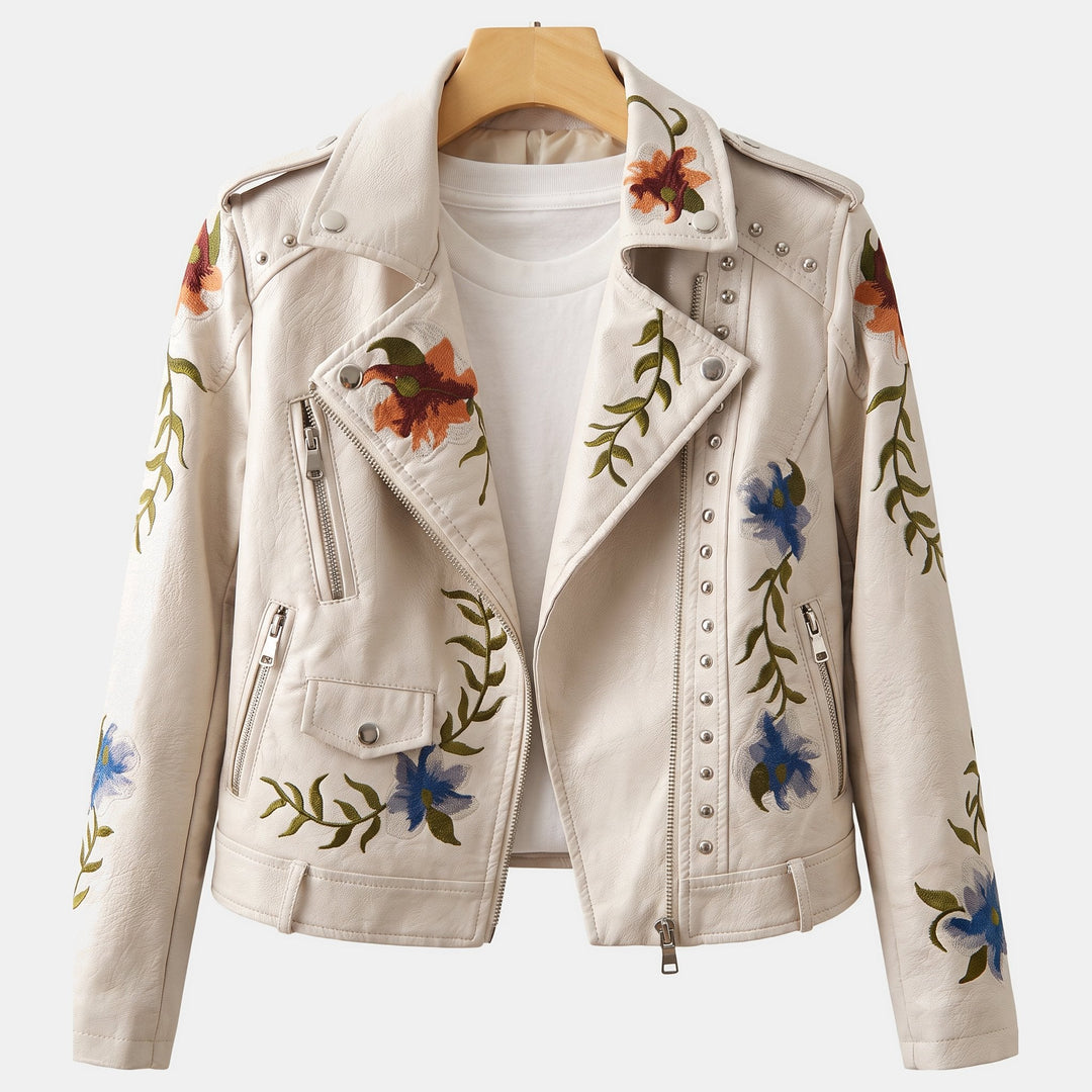 Women's Faux Leather Cropped Jacket, Floral Embroidered