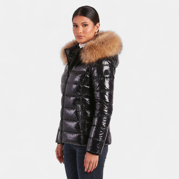 Women's Puffer Jacket, Hip Length Faux Fur Collar Structured