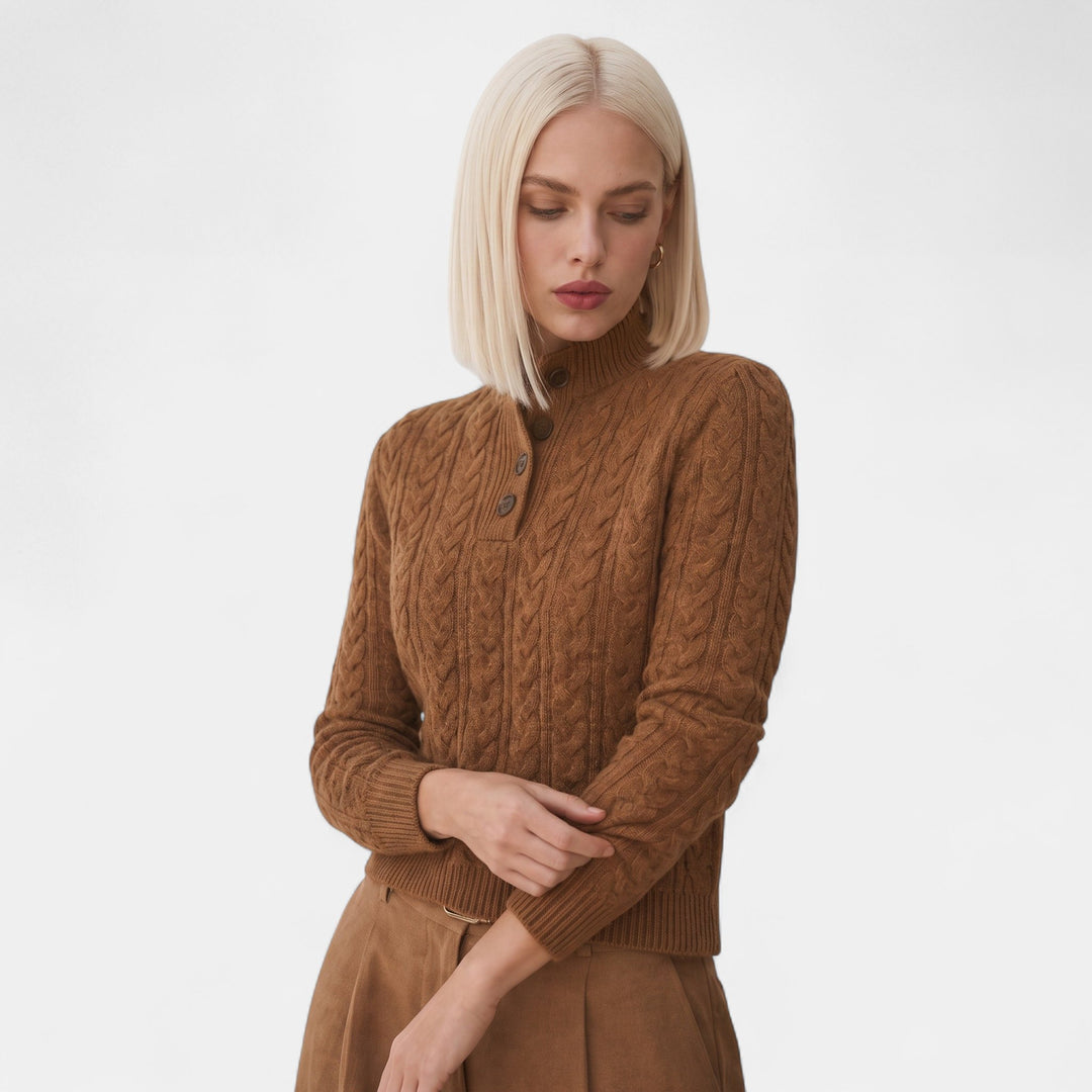 Women's Oversized Cable Knit Jumper, Button Neck Ribbed Cuffs
