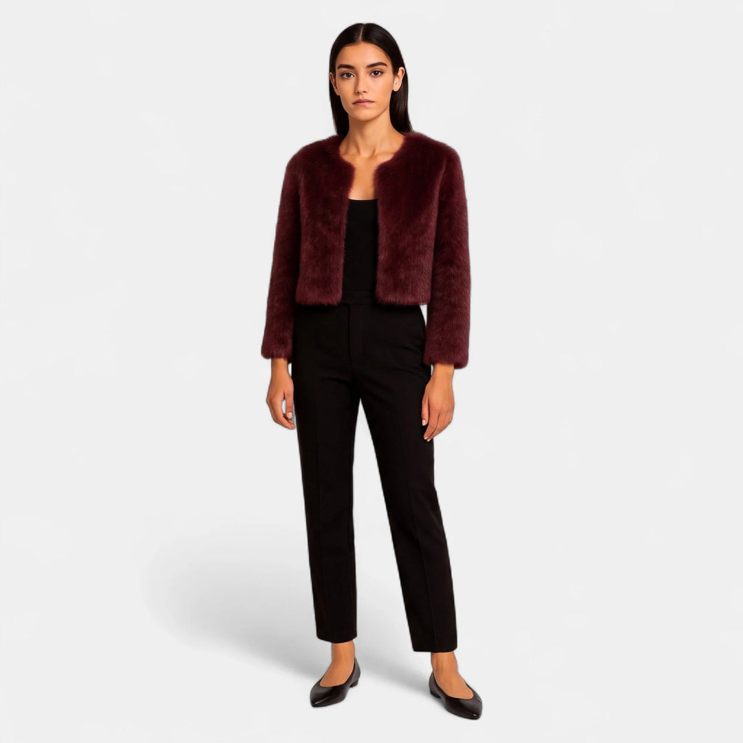 Women's Cropped Faux Fur Coat, Collarless Boxy Open Front