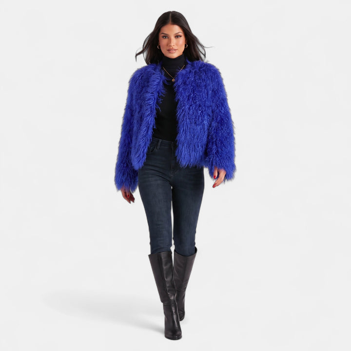 Women's Faux Fur Coat, Long Sleeve Collarless Oversized