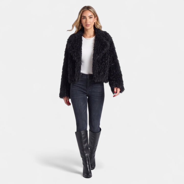 Women's Short Faux Fur Coat, Open Front Boxy Satin Lining