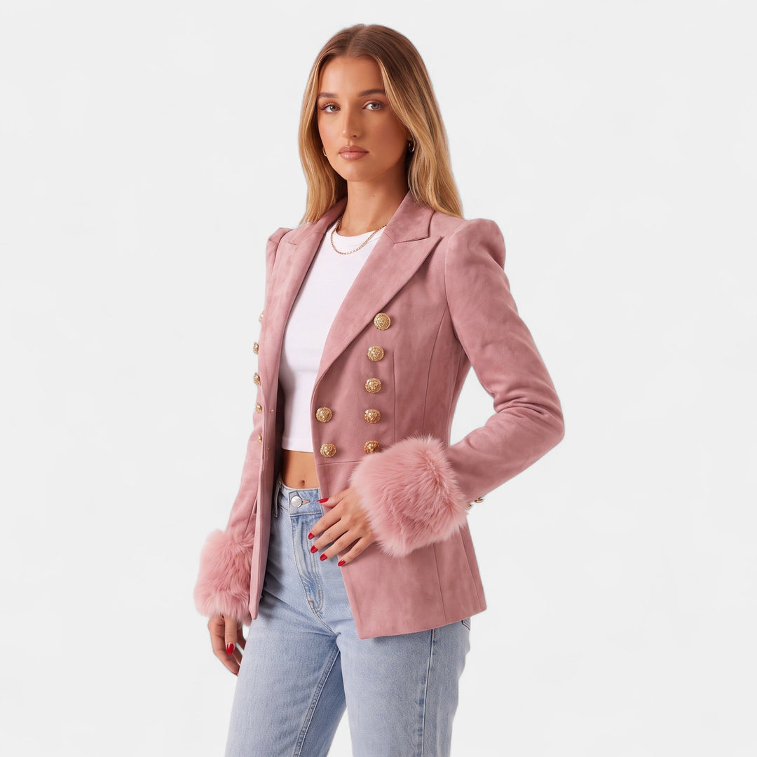 Women's Suede Double Breasted Blazer, Faux Fur Cuffs Military