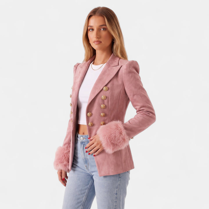Women's Suede Double Breasted Blazer, Faux Fur Cuffs Military