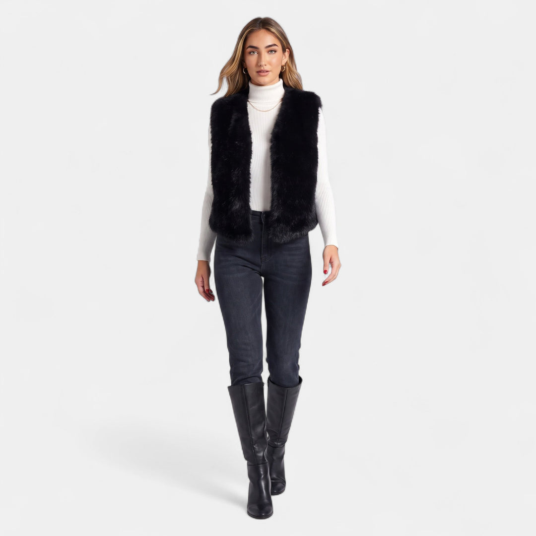 Women's Cropped Faux Fur Gilet, Sleeveless Oversized Open Front