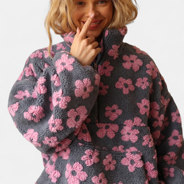 Women's Oversized Cropped Fleece Jacket, Half Zip Raw Style