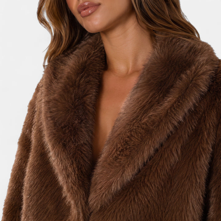 Women's Faux Fur Coat, Open Front Boxy Fit Waist Length