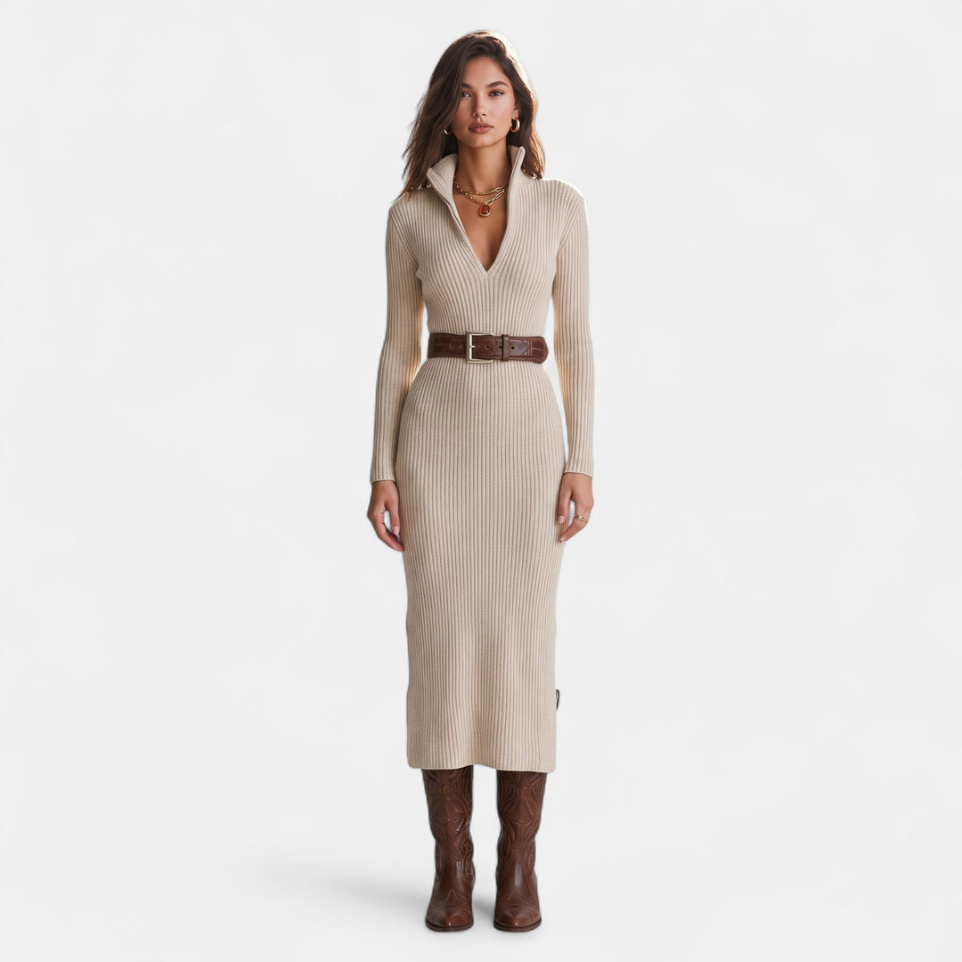 Women's Ribbed Knit Jumper Dress, Belted Collar Long Sleeves