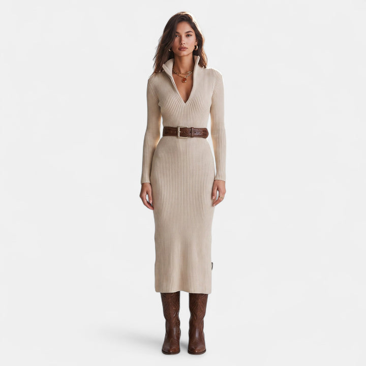 Women's Ribbed Knit Jumper Dress, Belted Collar Long Sleeves