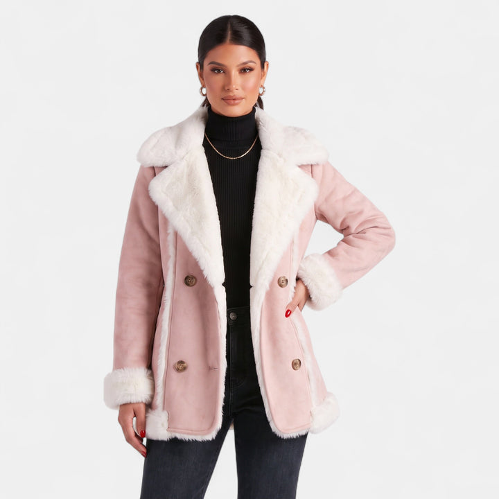 Women's Double Breasted Suede Jacket, Shearling Trim Hip Length