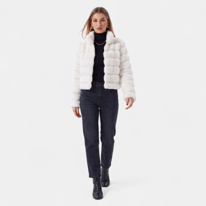 Women's Faux Fur Coat, Boxy Zip Front Stand Collar