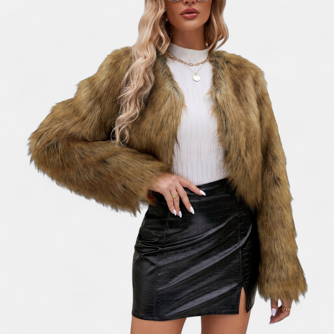 Women's Oversized Short Faux Fur Coat, Collarless Open Front