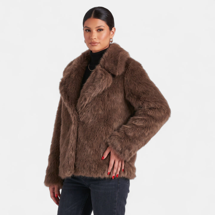 Women's Short Faux Fur Coat, Notched Lapel Long Sleeves