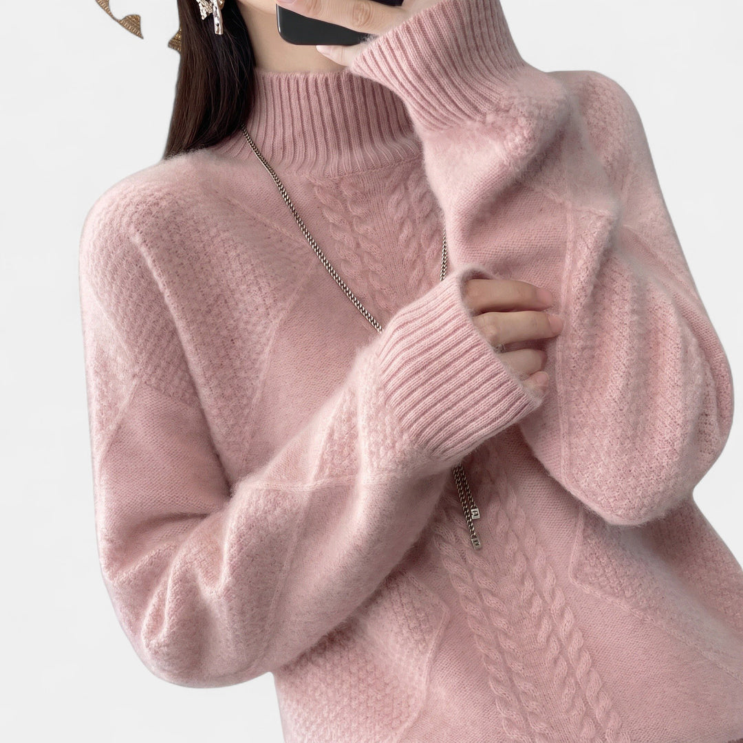Women's Mock Neck Oversized Jumper, Cable Knit Ribbed Cuffs