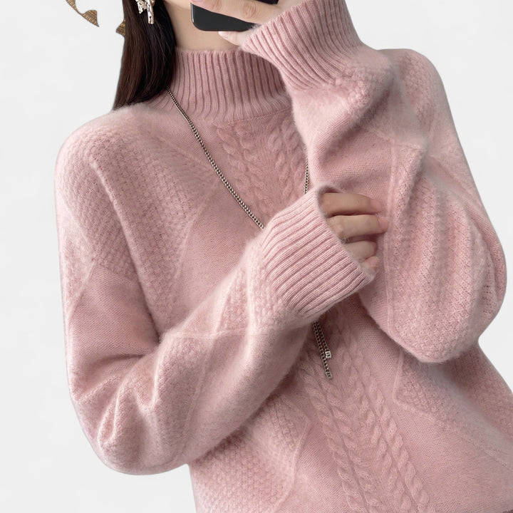 Women's Mock Neck Oversized Jumper, Cable Knit Ribbed Cuffs