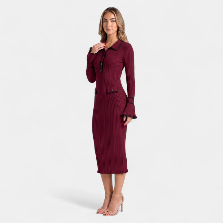 Women's Knitted Midi Jumper Dress, Long Sleeve Ribbed Polo Collar
