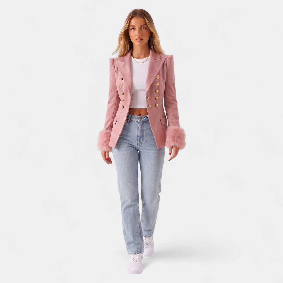 Women's Suede Double Breasted Blazer, Faux Fur Cuffs Military