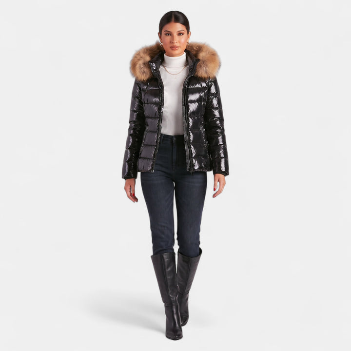 Women's Puffer Jacket, Hip Length Faux Fur Collar Structured