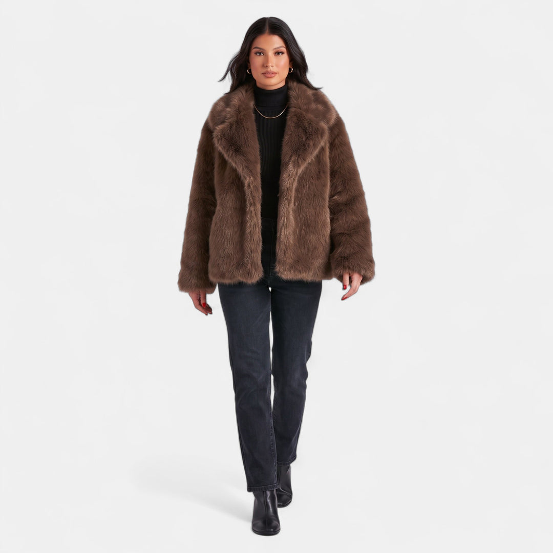 Women's Short Faux Fur Coat, Notched Lapel Long Sleeves