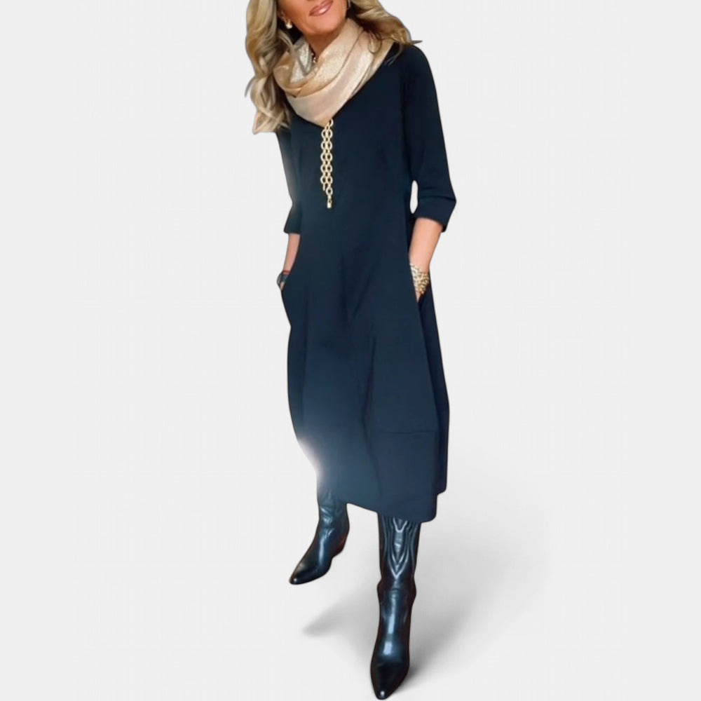 Women's Long Sleeve Bubble Midi Dress, Relaxed Zip Side Pockets